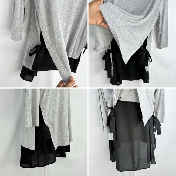 Pebble and Stone Gray Black Layered Tunic Top L Bow Tie Sides Asymmetrical Hem - Picture 11 of 16